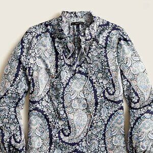J. Crew Navy and Gray Paisley Blouse | Drapey tie-neck ruffle top | Size Small
